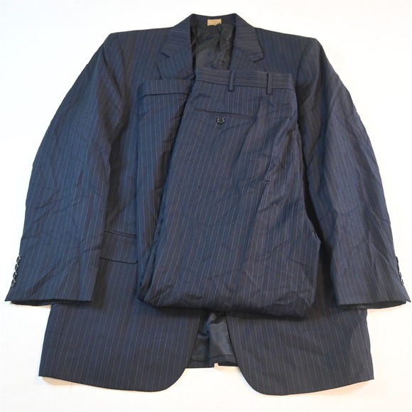 Jos A Bank 43L 36x32 Navy Blue Striped 100% Wool Mens Jacket Pants Suit